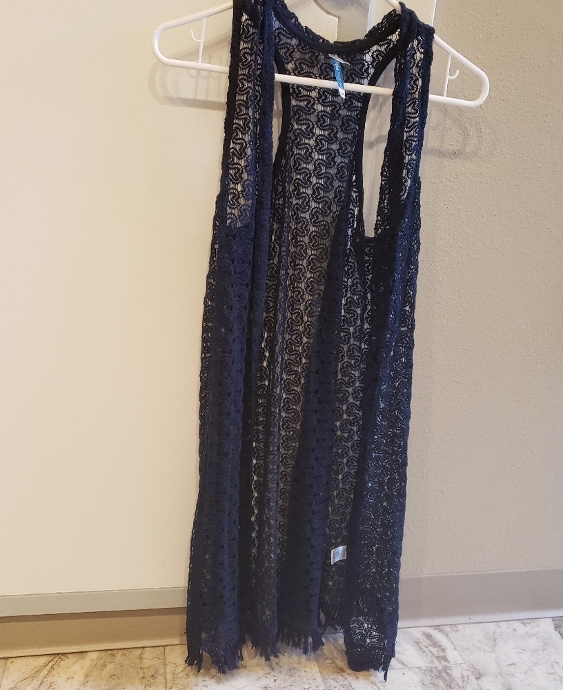 Wallflower knit lace detail, fringe bottom navy long vest shrug, shawl - Picture 1 of 6